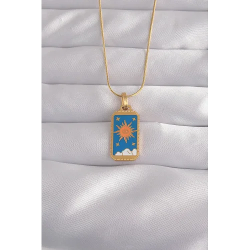 Mey İthalat® 316L Çelik Gold Renk Mavi Mineli Güneş Model Tarot Kolye