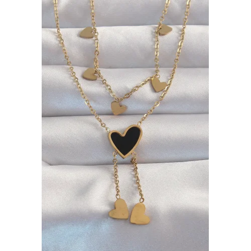 Mey İthalat® 316L Çelik Gold Renk Mineli Çoklu Kalp Kolye