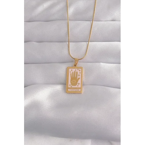 Mey İthalat® 316L Çelik Gold Renk Pembe Mineli El Figür Tarot Kolye