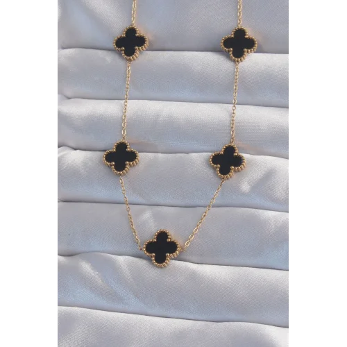 Mey İthalat® 316L Çelik Gold Renk Siyah Mineli Yonca Kolye