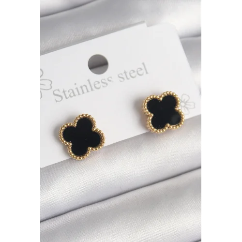 Mey İthalat® 316L Çelik Gold Renk Siyah Yonca Model Kadın Küpe