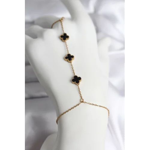 Mey İthalat® 316L Çelik Gold Renk Siyah Yonca Model Kadın Şahmeran