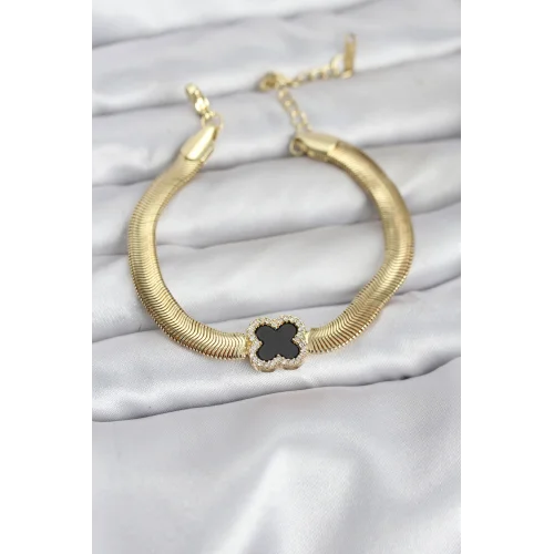 Mey İthalat® 316L Çelik Gold Renk Siyah Yonca Model Zirkon Taşlı Yılan Zincirli Kadın Bileklik