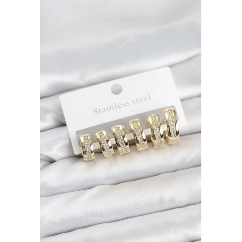 Mey İthalat® 316L Çelik Gold Renk Zirkon Taşlı Halka Küpe Seti