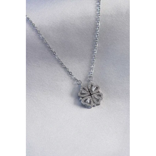 Mey İthalat® 316L Çelik Gümüş Renk Açılır Yonca Model Kadın Kolye