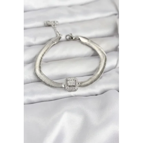 Mey İthalat® 316L Çelik Gümüş Renk Baget Zirkon Taşlı Yılan Zincirli Kadın Bileklik