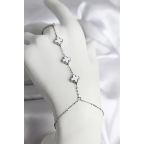 Mey İthalat® 316L Çelik Gümüş Renk Beyaz Yonca Model Kadın Şahmeran