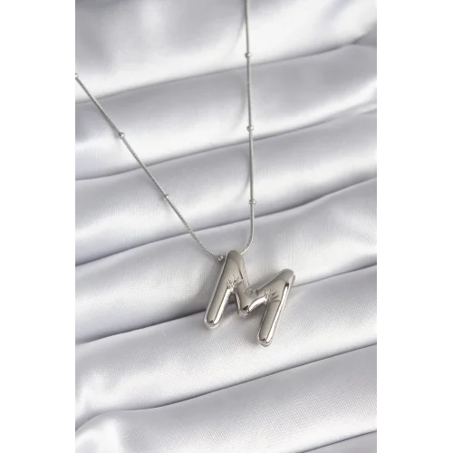 Mey İthalat® 316L Çelik Gümüş Renk Bubble M Harf Model Kadın Kolye