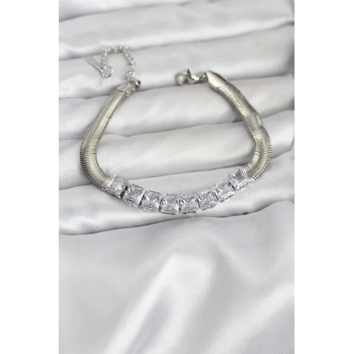 Mey İthalat® 316L Çelik Gümüş Renk Kare Zirkon Taşlı Yılan Zincirli Kadın Bileklik