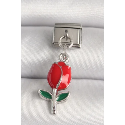 Mey İthalat® 316L Çelik Gümüş Renk Kırmızı Gül Model Nomination Charm