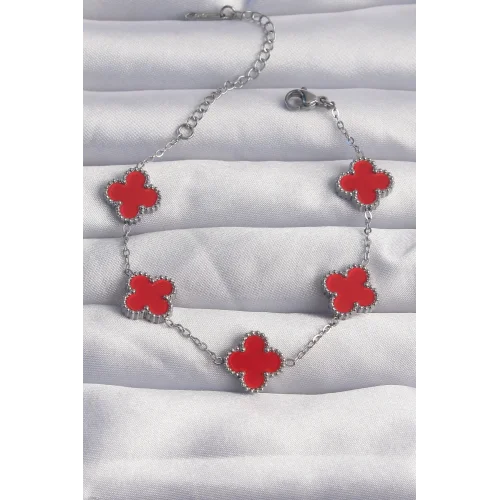 Mey İthalat® 316L Çelik Gümüş Renk Kırmızı Mineli Yonca Bileklik