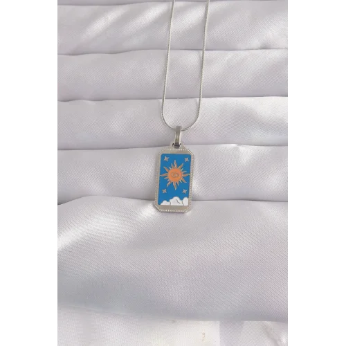Mey İthalat® 316L Çelik Gümüş Renk Mavi Mineli Güneş Model Tarot Kolye