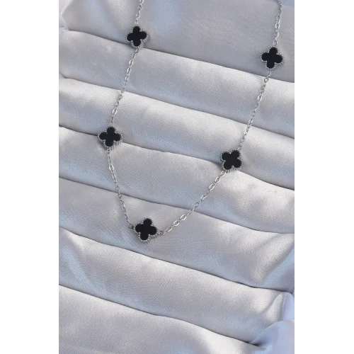 Mey İthalat® 316L Çelik Gümüş Renk Minimal Siyah Mineli Yonca Kolye