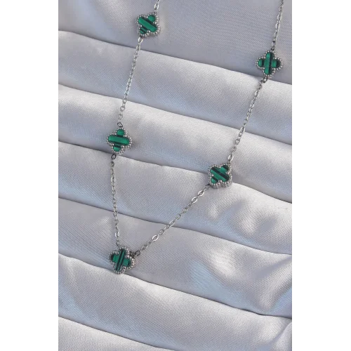 Mey İthalat® 316L Çelik Gümüş Renk Minimal Yeşil Mineli Yonca Kolye