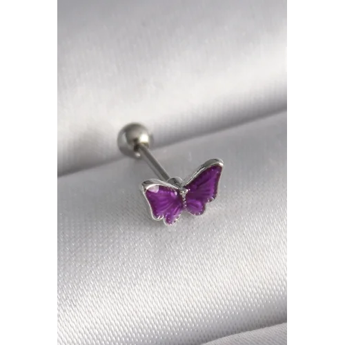 Mey İthalat® 316L Çelik Gümüş Renk Mor Kelebek Model Tragus Piercing