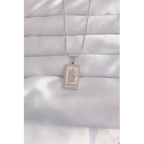 Mey İthalat® 316L Çelik Gümüş Renk Pembe Mineli El Figür Tarot Kolye