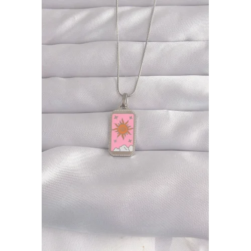 Mey İthalat® 316L Çelik Gümüş Renk Pembe Mineli Güneş Model Tarot Kolye