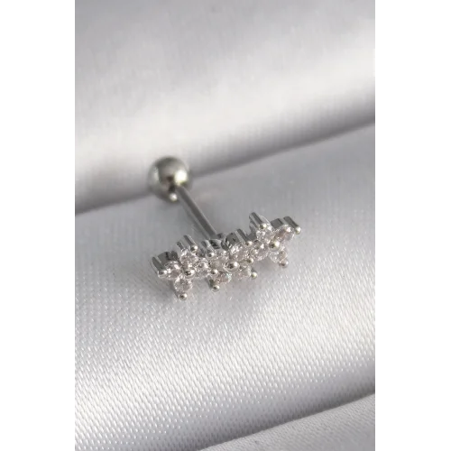 Mey İthalat® 316L Çelik Gümüş Renk Zirkon Taşlı Yonca Tragus Piercing
