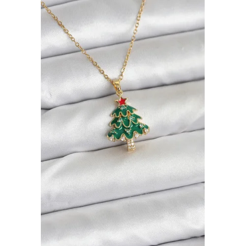 Mey İthalat® 316L Çelik Zincir Gold Renk Çam Ağacı Model Yılbaşı Temalı Kadın Kolye
