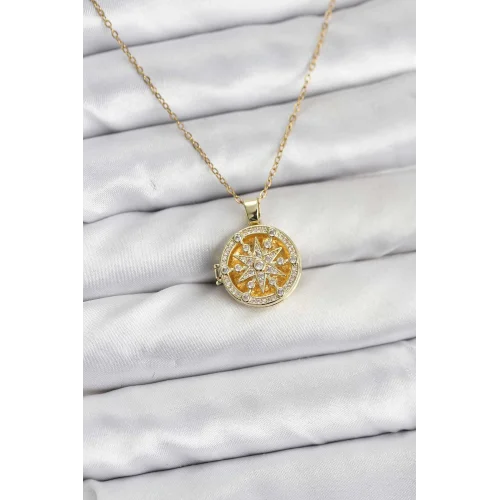 Mey İthalat® 316L Çelik Zincir Gold Renk Kutup Yıldızı Kapaklı Model Kadın Kolye