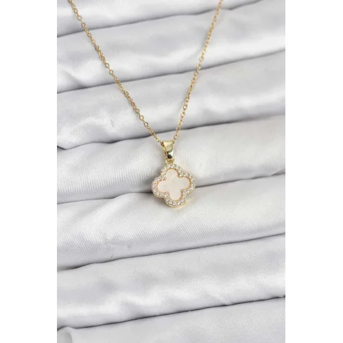 Mey İthalat® 316L Çelik Zincir Gold Renk Sedefli Yonca Kadın Kolye