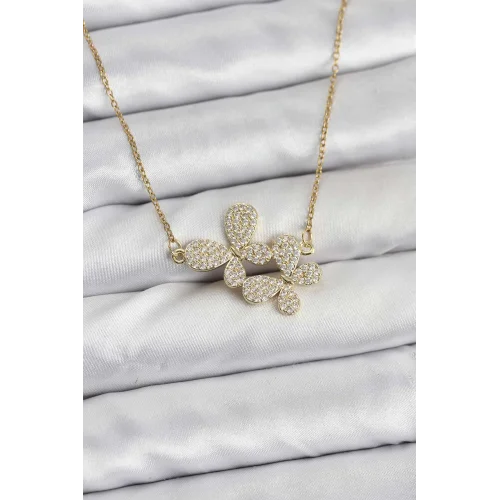 Mey İthalat® 316L Çelik Zincir Gold Renk Zirkon Taşlı Kelebek Model Kadın Kolye