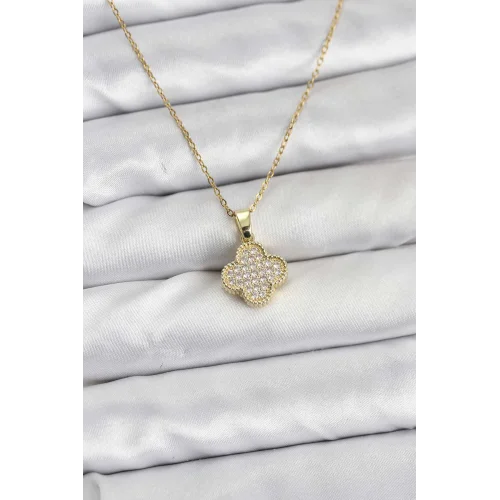 Mey İthalat® 316L Çelik Zincir Gold Renk Zirkon Taşlı Yonca Model Kadın Kolye