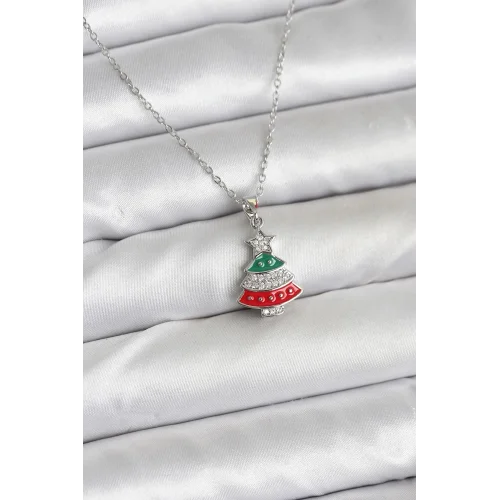 Mey İthalat® 316L Çelik Zincir Gümüş Ren Çam Ağacı Model Zirkon Taşlı Yılbaşı Temalı Kadın Kolye