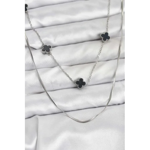 Mey İthalat® 316L Çelik Zincir Gümüş Renk İtalyan Zincirli Siyah Yonca Model Kadın Kolye
