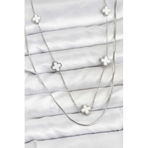 Mey İthalat® 316L Çelik Zincir Gümüş Renk İtalyan Zincirli Yonca Model Kadın Kolye