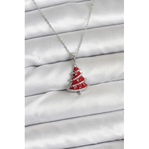 Mey İthalat® 316L Çelik Zincir Gümüş Renk Kırmızı Çam Ağacı Model Yılbaşı Temalı Kadın Kolye