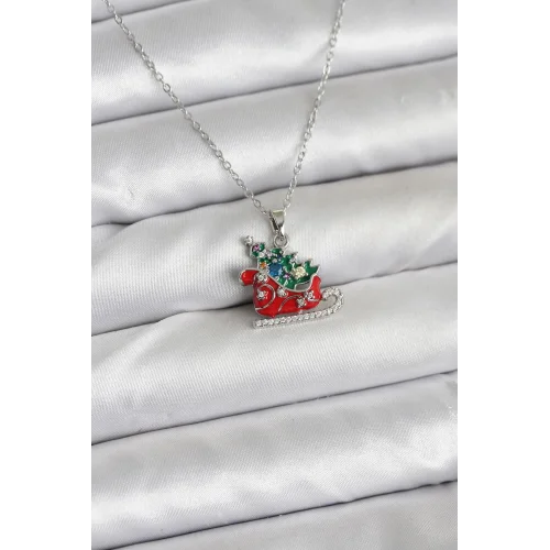 Mey İthalat® 316L Çelik Zincir Gümüş Renk Kızak ve Çam Ağacı Figürlü Yılbaşı Temalı Kadın Kolye