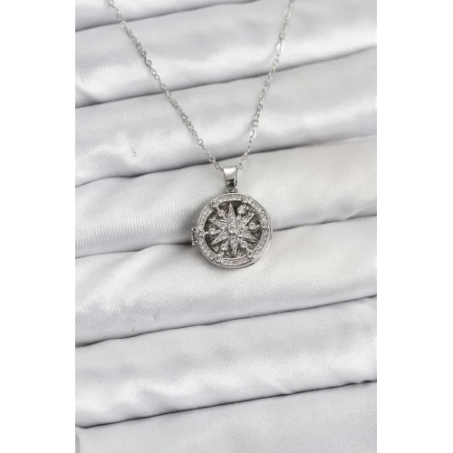 Mey İthalat® 316L Çelik Zincir Gümüş Renk Kutup Yıldızı Kapaklı Model Kadın Kolye