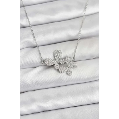 Mey İthalat® 316L Çelik Zincir Gümüş Renk Zirkon Taşlı Kelebek Model Kadın Kolye