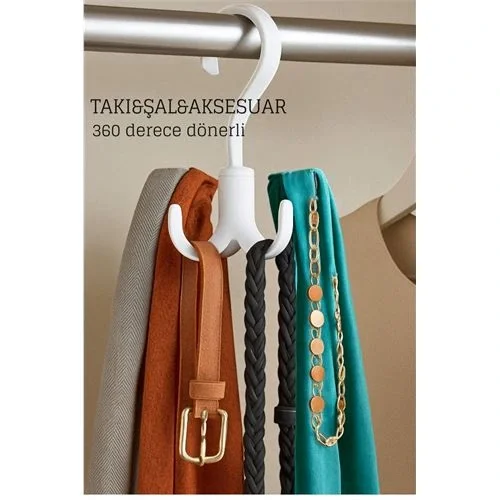 Mey İthalat® 360° Dönerli Kancalı Çok Amaçlı Askı - Dolap İçi Düzenleyici Takı Askısı Şal Askısı