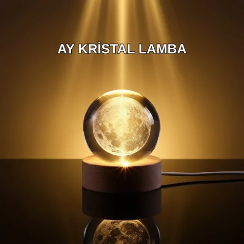 Mey İthalat® 3D Lazer İşlemeli Ay Küresi Ahşap Standlı USB Bağlantılı Dekoratif Lamba