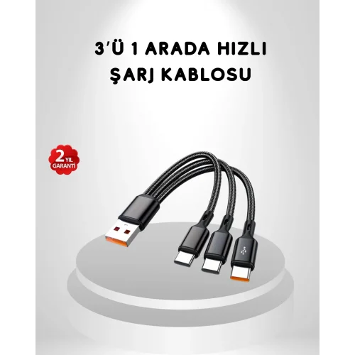 Mey İthalat® 3’ü 1 Arada Hızlı Şarj Kablosu iOS Android Type-C Uyumlu ve Dayanıklı