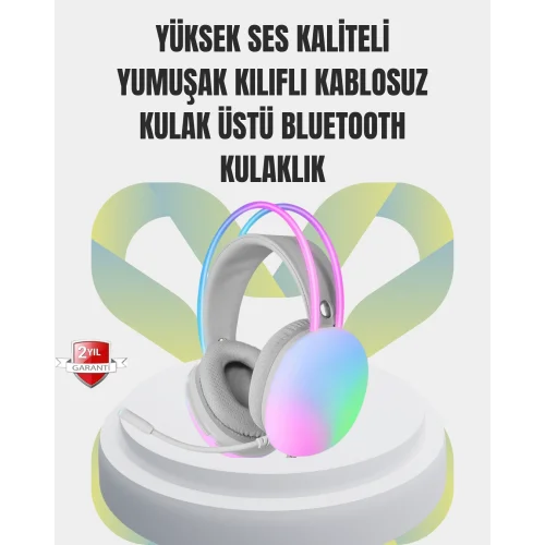 Mey İthalat® 40mm Sürücülü RGB Kablosuz Kulaklık – Oyun ve Müzik için