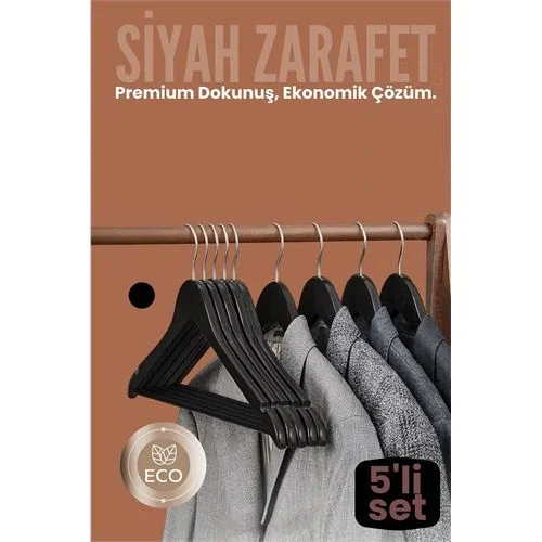 Mey İthalat® 5li Lüks Siyah Elbise Ceket Askısı - Ergonomik & Kaymaz Plastik Askı Seti -  Ahşap Görünümlü