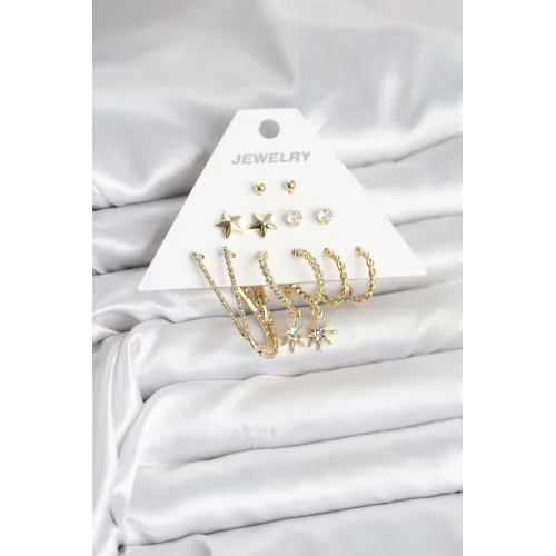 Mey İthalat® 6 Çift Kadın Küpe Seti Gold Renk