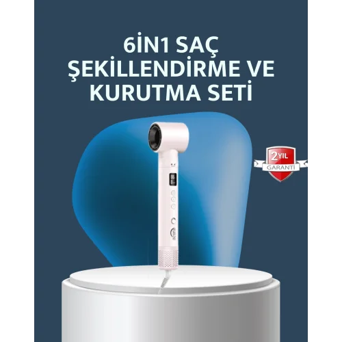 Mey İthalat® 6-in-1 Saç Şekillendirme Seti Yüksek Hızlı Motor Negatif İyon LCD Ekran