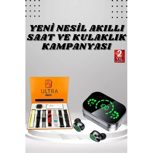Mey İthalat® 7 Kordonlu Akıllı Saat Ve Aynalı Bluetooth Kulaklık Powerbank Dijital Göstergeli