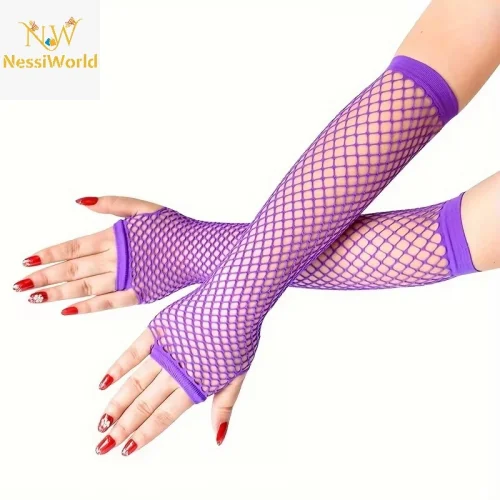 Mey İthalat® 80’ler 90’lar Retro Mor File Parmaksız Eldiven 26 cm