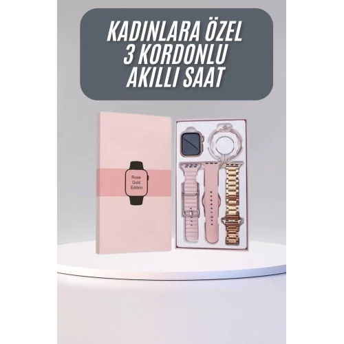 Mey İthalat® Akıllı Saat 3 Kordonlu Ve Aksesuarlı Bayanlar Için Şık Rose renk