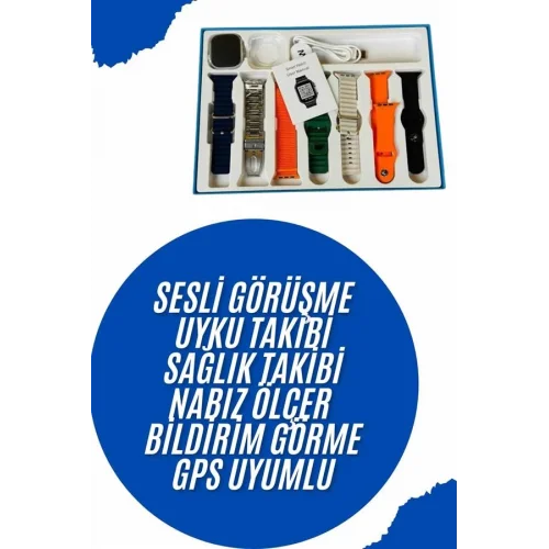 Mey İthalat® Akıllı Saat 7 Kordon Hediyeli Takvim Alarm Nabız Ölçer Bildirim Görme Sesli Görüşme