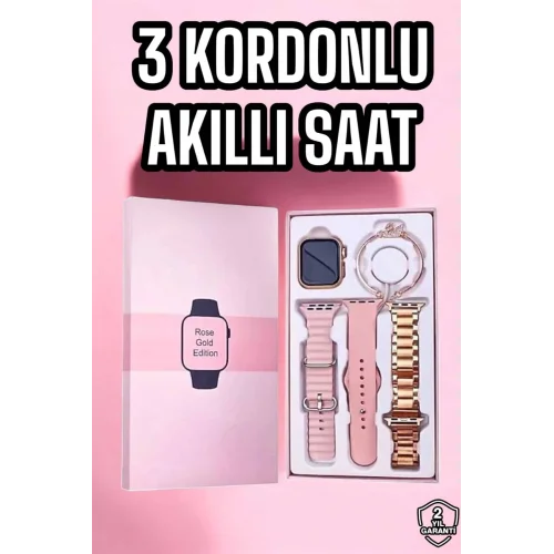 Mey İthalat® Akıllı Saat Amoled Ekran 3 Kordonlu Aksesuar Hediyeli Sesli Görüşme