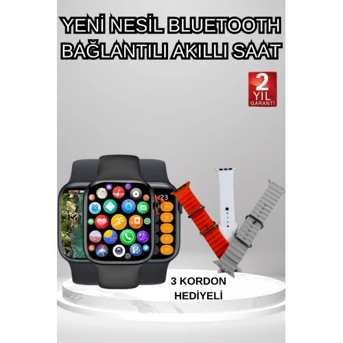 Mey İthalat® Akıllı Saat Arama Görüşme Bildirim Görme Uyku ve Sağlık Takibi Nabız Ölçer 3 Kordon Hediyeli