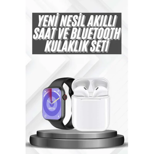 Mey İthalat® Akıllı Saat Gümüş Kasa Bluetooth Kulaklık Hediyeli Çok Fonksiyonlu İkili Set