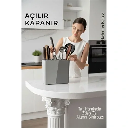 Mey İthalat® Akıllı Sürgülü Bıçaklık ve Kaşıklık Organizeri - Ayarlanabilir Tezgah Üstü Mutfak Düzenleyici