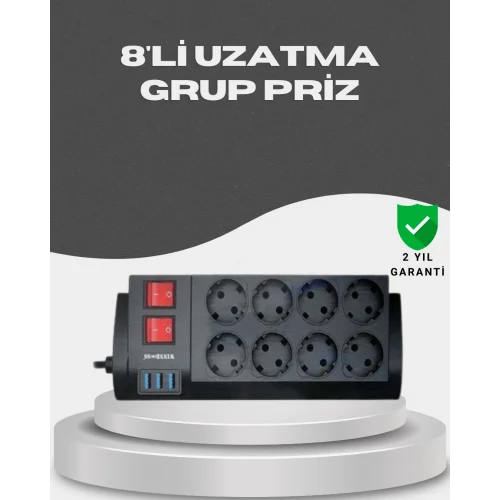 Mey İthalat® Akım Korumalı 8’li Priz 3 USB’li Uzatma Kablosu Isıya Dayanıklı 2 Metre